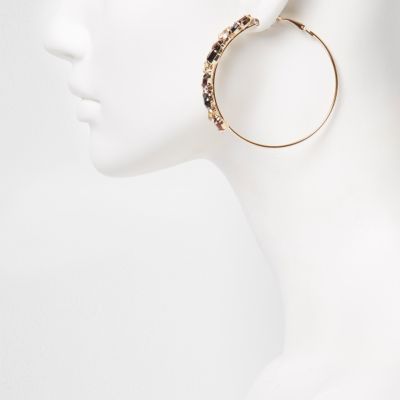 Gold tone jet stone hoop earrings